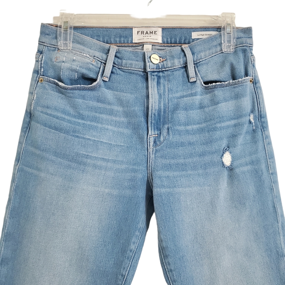 FRAME Le High Straight Raw Curved Hem Light Blue Distressed Crop Denim Jeans